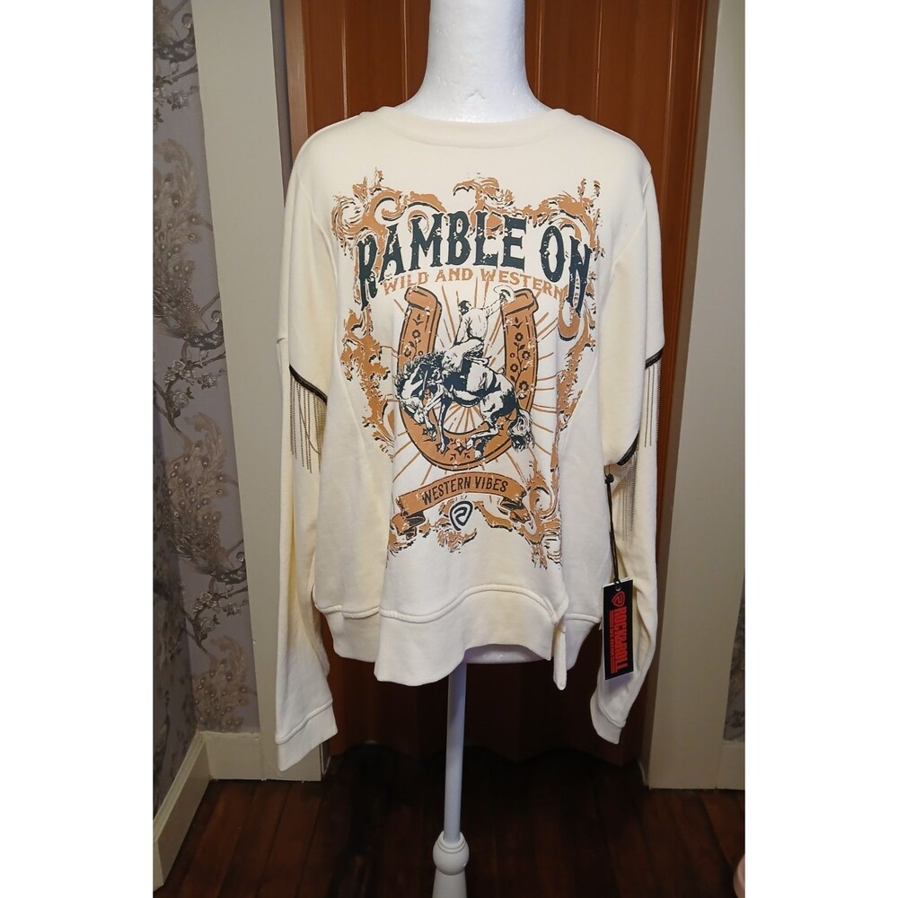 Rock&Roll Western Cowgirl HorseshoeSweater with bead fringe on sleeves Small NWT